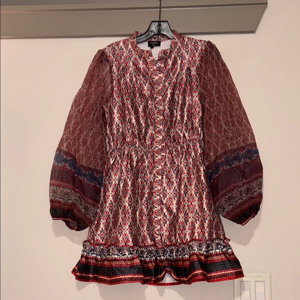 Fate Sheer Puff Long Sleeve Button Front Mini Dress SZ M NWT Missing Belt - Picture 3 of 8